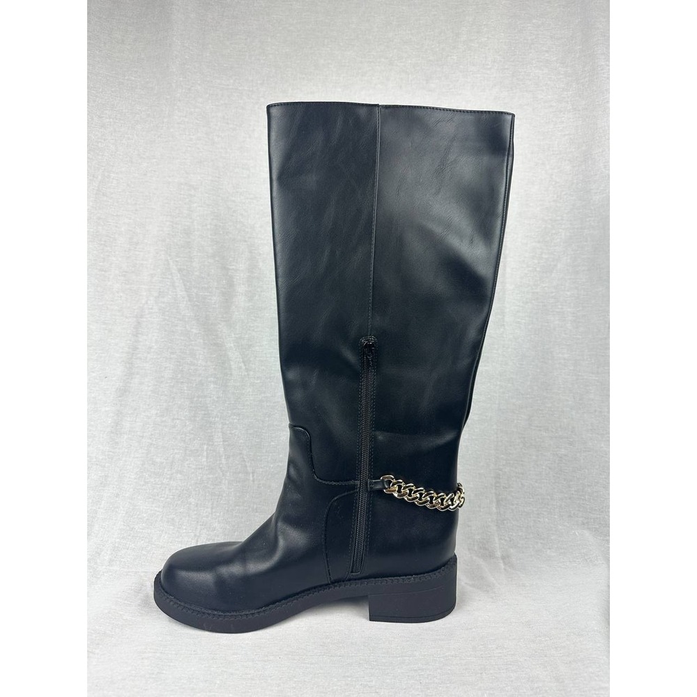 A New Day Women Black Knee High Boots‎ Gold Chain Detail Side Zip Size 11